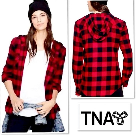 Aritzia Tops - Aritzia TNA Hooded Buffalo Plaid Flannel Shirt M Red